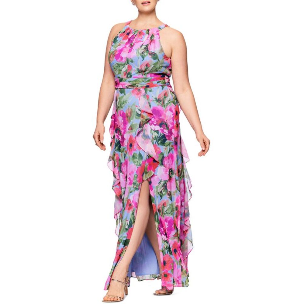 Xscape Womens Plus Size A-Line Ruffle-Skirt Dress 20W Pink/Periwinkle  NWT $189